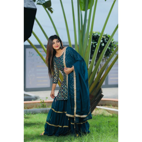 Gorgeous Blue Base Sequence Work Sharara Suit Style